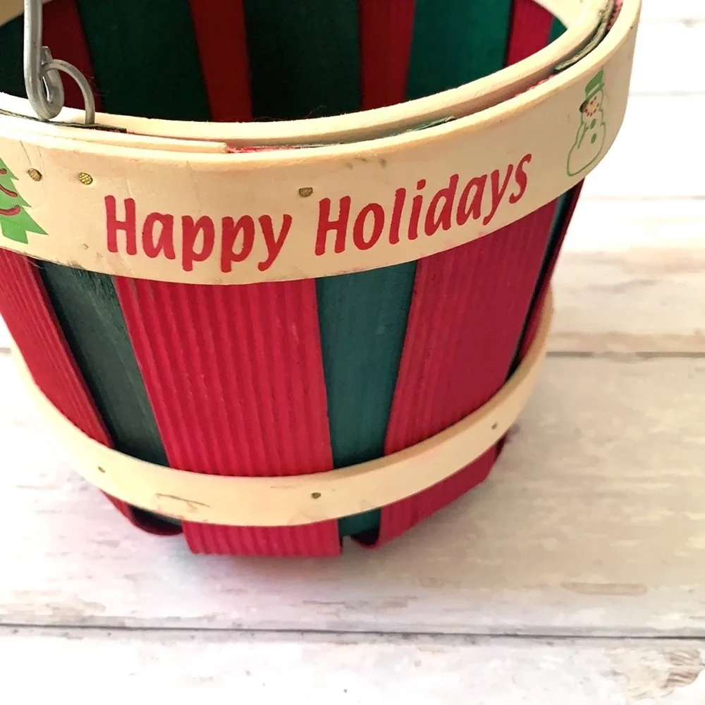 Christmas Happy Holidays Wood Basket Red Green Bucket 7.5in Diameter Hobby Lobby